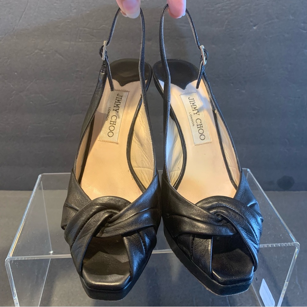 Jimmy Choo POEM Peep Toe Black Nappa Leather Women's Slingback Shoes 38